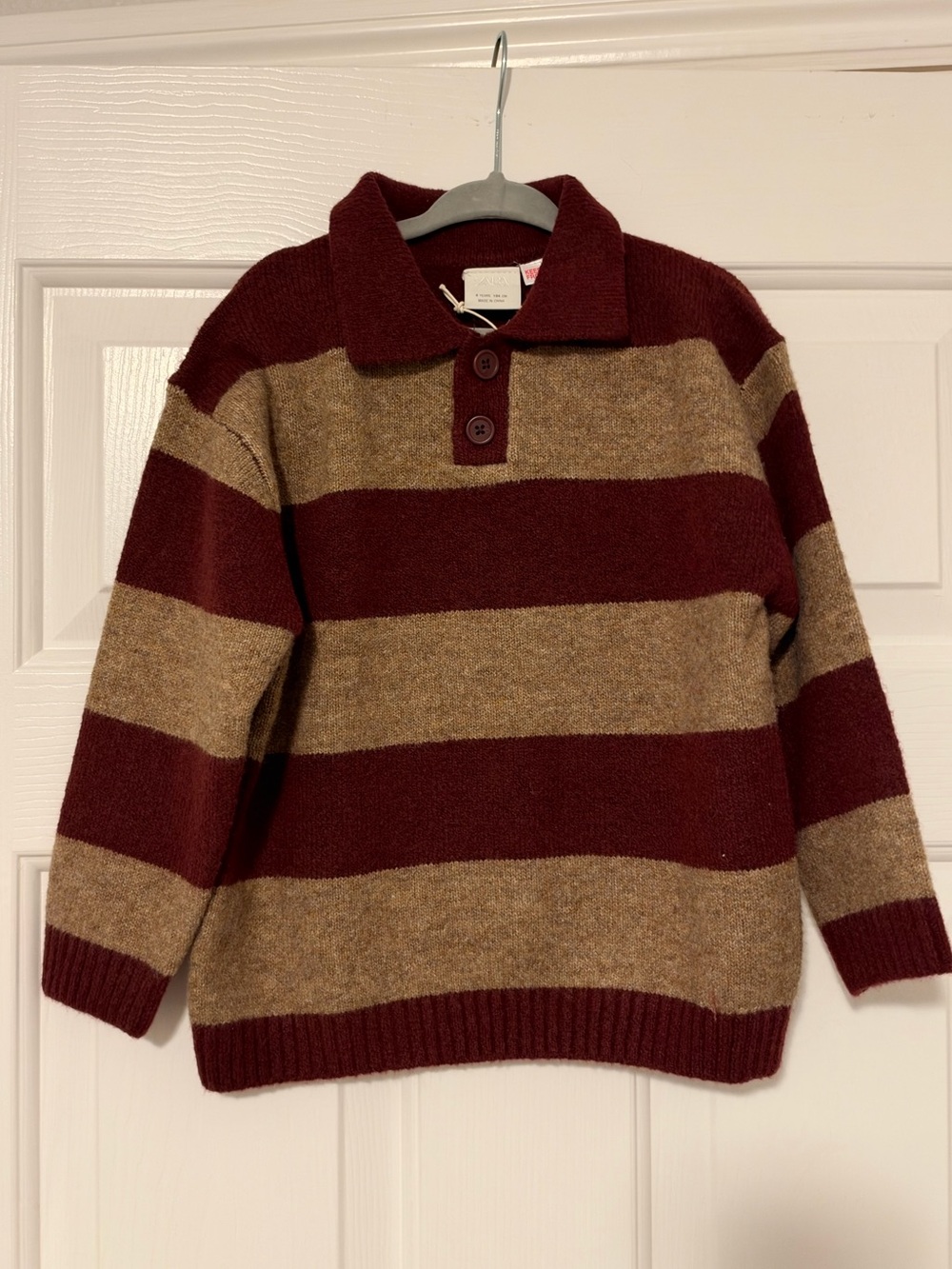 NWT Zara Kids Toddler Boy Burgundy and Tan Striped Collared Knit Sweater 4 - Picture 2 of 4